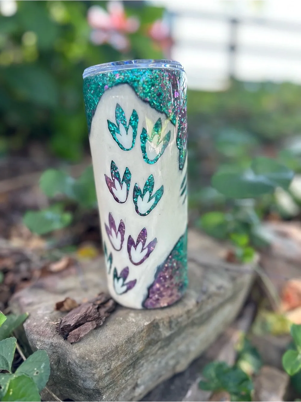 #momlife Glitter Tumbler with Dinosaur Logo - Teal & Purple